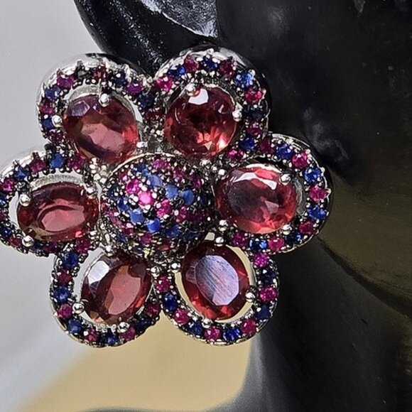 925 Sterling Silver Flower Earrings with Natural Garnet, Sapphire, Ruby Gems - Picture 4 of 8